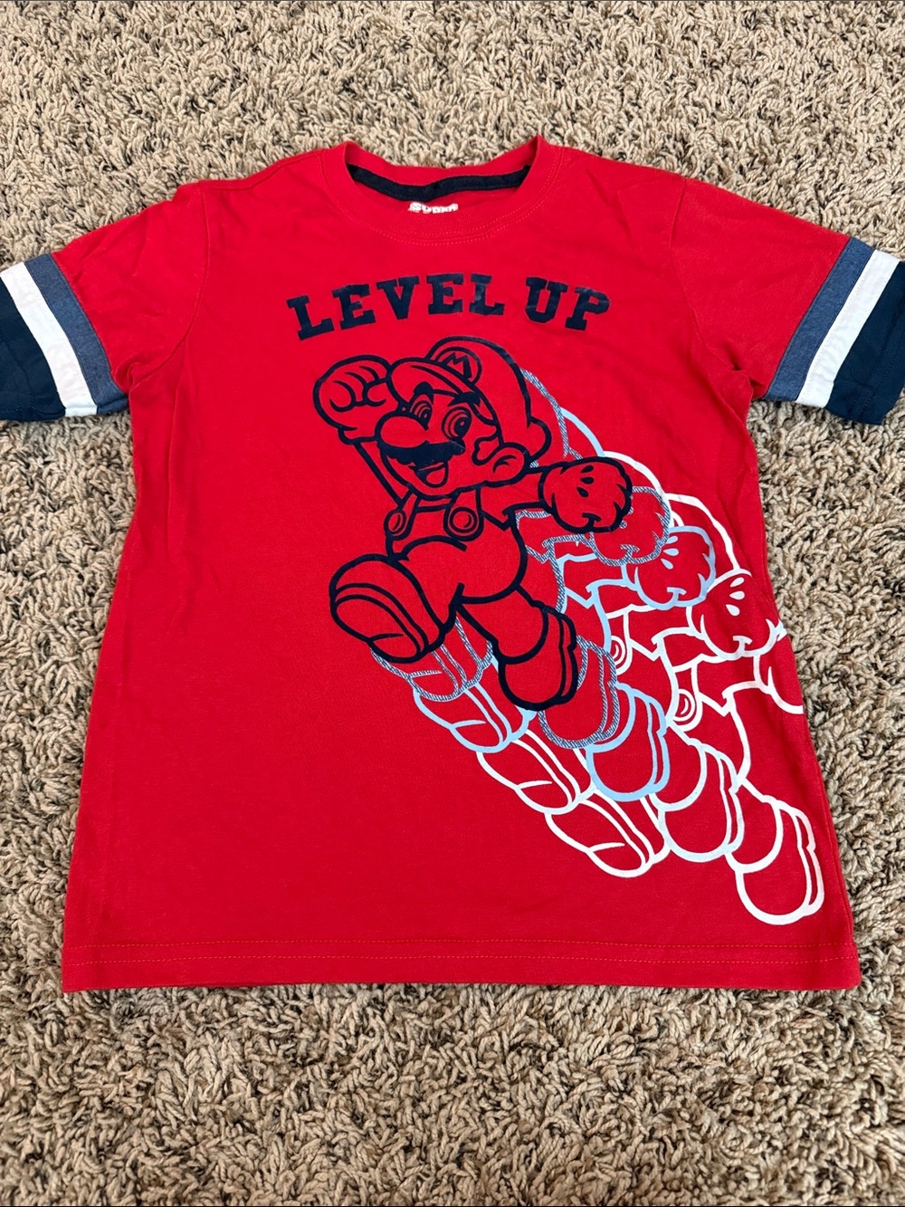 Red 'Level Up' Short Sleeve Kids Tee with Navy Stripe Sleeves